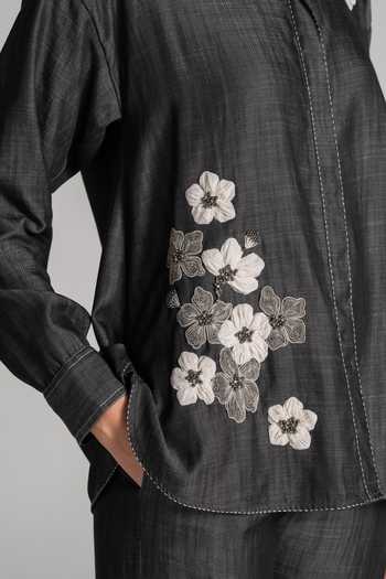 Shop_Namrata Joshipura_Black Denim Collared Neck Floral Applique Work Top _Online_at_Aza_Fashions