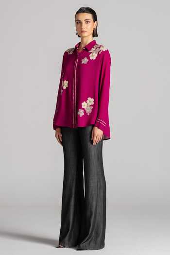 Namrata Joshipura Magenta Georgette Collared Neck Moon Petal Embroidered Shirt Online at Aza Fashions Namrata Joshipura_Magenta Georgette Collared Neck Moon Petal Embroidered Shirt _Online_at_Aza_Fashions