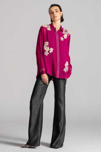 Shop Namrata Joshipura Magenta Georgette Collared Neck Moon Petal Embroidered Shirt Online at Aza Fashions Shop_Namrata Joshipura_Magenta Georgette Collared Neck Moon Petal Embroidered Shirt _Online_at_Aza_Fashions