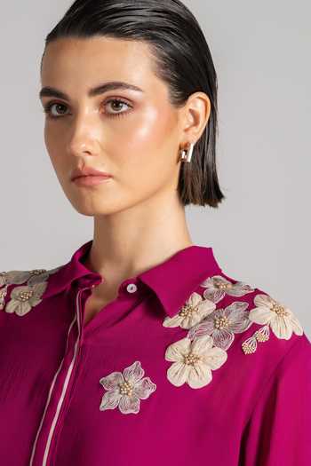 Namrata Joshipura Magenta Georgette Collared Neck Moon Petal Embroidered Shirt at Aza Fashions Namrata Joshipura_Magenta Georgette Collared Neck Moon Petal Embroidered Shirt _at_Aza_Fashions