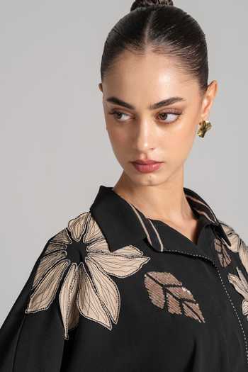 Namrata Joshipura Black Crepe Split V-neck Floral Embroidered Top And Pant Set Online at Aza Fashions Namrata Joshipura_Black Crepe Split V-neck Floral Embroidered Top And Pant Set _Online_at_Aza_Fashions