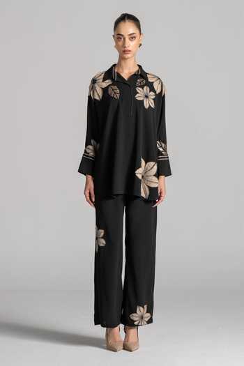 Buy Namrata Joshipura Black Crepe Split V-neck Floral Embroidered Top And Pant Set Online at Aza Fashions Buy_Namrata Joshipura_Black Crepe Split V-neck Floral Embroidered Top And Pant Set _Online_at_Aza_Fashions