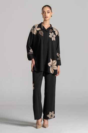 Shop Namrata Joshipura Black Crepe Split V-neck Floral Embroidered Top And Pant Set Online at Aza Fashions Shop_Namrata Joshipura_Black Crepe Split V-neck Floral Embroidered Top And Pant Set _Online_at_Aza_Fashions