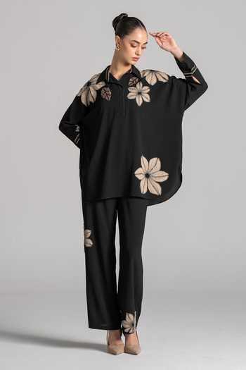 Buy Namrata Joshipura Black Crepe Split V-neck Floral Embroidered Top And Pant Set Buy_Namrata Joshipura_Black Crepe Split V-neck Floral Embroidered Top And Pant Set