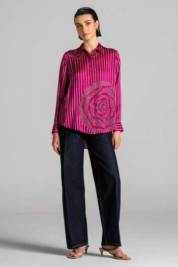 Namrata Joshipura Magenta Satin, Modal Collared Neck Rosette Striped Shirt Online at Aza Fashions Namrata Joshipura_Magenta Satin, Modal Collared Neck Rosette Striped Shirt _Online_at_Aza_Fashions