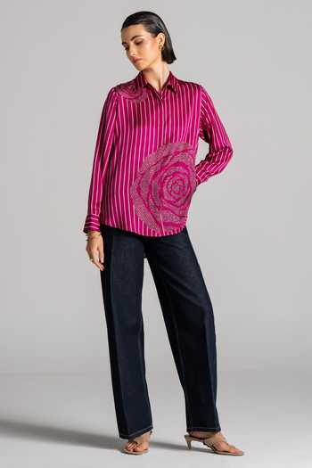 Buy Namrata Joshipura Magenta Satin, Modal Collared Neck Rosette Striped Shirt Online at Aza Fashions Buy_Namrata Joshipura_Magenta Satin, Modal Collared Neck Rosette Striped Shirt _Online_at_Aza_Fashions