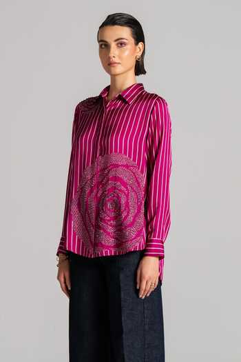 Shop Namrata Joshipura Magenta Satin, Modal Collared Neck Rosette Striped Shirt Online at Aza Fashions Shop_Namrata Joshipura_Magenta Satin, Modal Collared Neck Rosette Striped Shirt _Online_at_Aza_Fashions