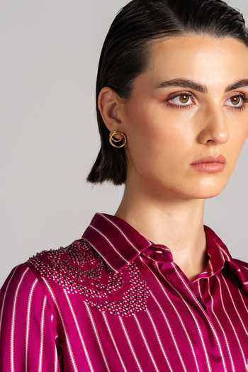Namrata Joshipura Magenta Satin, Modal Collared Neck Rosette Striped Shirt at Aza Fashions Namrata Joshipura_Magenta Satin, Modal Collared Neck Rosette Striped Shirt _at_Aza_Fashions