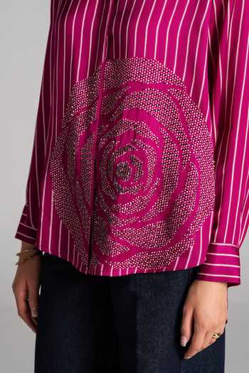 Buy Namrata Joshipura Magenta Satin, Modal Collared Neck Rosette Striped Shirt Buy_Namrata Joshipura_Magenta Satin, Modal Collared Neck Rosette Striped Shirt