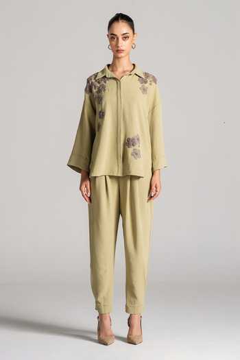 Namrata Joshipura_Olive Green Crepe Collared Neck Embroidered Top And Pant Set _Online_at_Aza_Fashions
