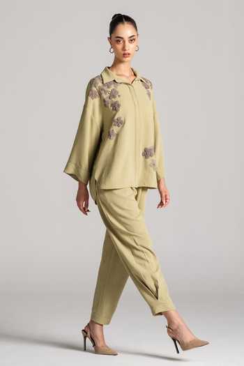 Buy_Namrata Joshipura_Olive Green Crepe Collared Neck Embroidered Top And Pant Set _Online_at_Aza_Fashions