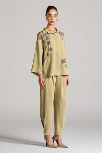 Shop_Namrata Joshipura_Olive Green Crepe Collared Neck Embroidered Top And Pant Set _Online_at_Aza_Fashions