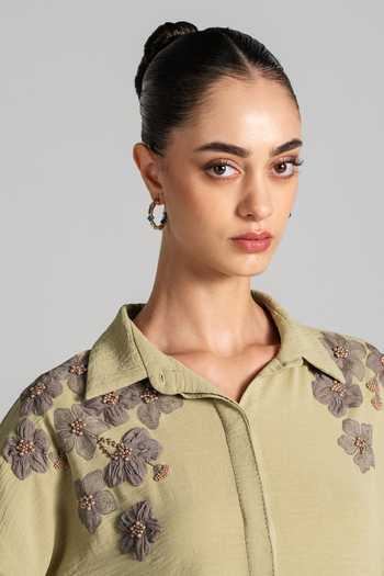 Namrata Joshipura_Olive Green Crepe Collared Neck Embroidered Top And Pant Set _at_Aza_Fashions