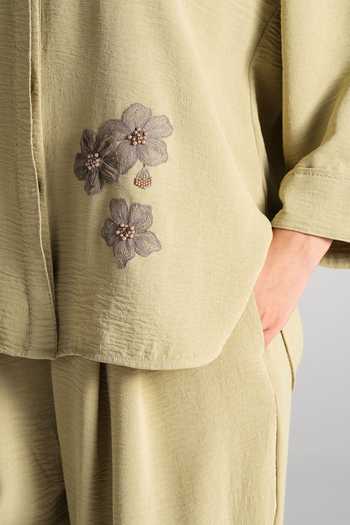 Buy_Namrata Joshipura_Olive Green Crepe Collared Neck Embroidered Top And Pant Set 