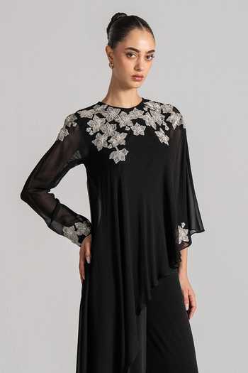 Namrata Joshipura_Black Georgette Round Neck Floral Embellished Tunic _Online_at_Aza_Fashions