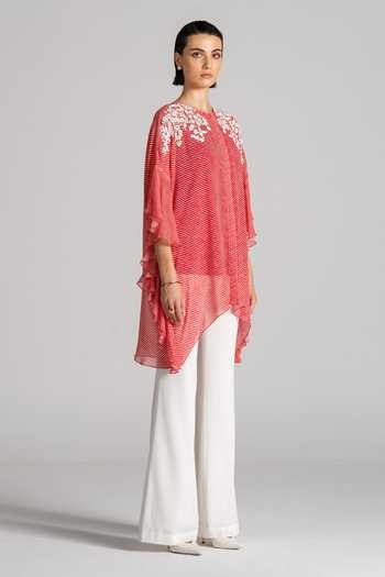 Namrata Joshipura_Red Georgette Round Neck, Yes Diagonal Stripe Pattern Tunic _Online_at_Aza_Fashions
