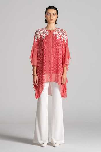 Shop_Namrata Joshipura_Red Georgette Round Neck, Yes Diagonal Stripe Pattern Tunic _Online_at_Aza_Fashions