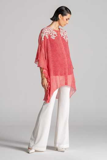 Namrata Joshipura_Red Georgette Round Neck, Yes Diagonal Stripe Pattern Tunic _at_Aza_Fashions