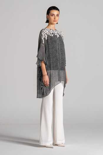 Namrata Joshipura_Black Georgette Boat Neck Stripe Pattern Top _Online_at_Aza_Fashions