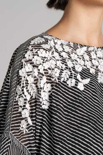 Shop_Namrata Joshipura_Black Georgette Boat Neck Stripe Pattern Top _Online_at_Aza_Fashions