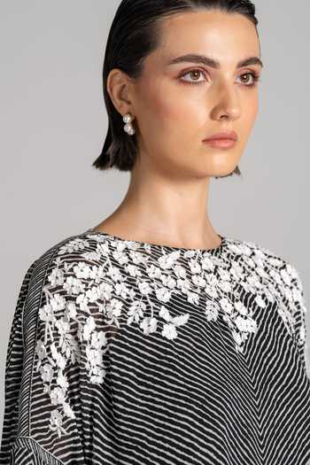 Namrata Joshipura_Black Georgette Boat Neck Stripe Pattern Top _at_Aza_Fashions