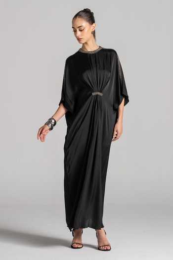 Namrata Joshipura Black Satin Round Neck Jewel Cluster Embellished Dress Online at Aza Fashions Namrata Joshipura_Black Satin Round Neck Jewel Cluster Embellished Dress _Online_at_Aza_Fashions