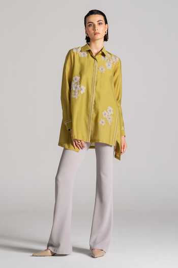 Namrata Joshipura Yellow Chanderi Collared Neck Moon Petal Embroidered Tunic Online at Aza Fashions Namrata Joshipura_Yellow Chanderi Collared Neck Moon Petal Embroidered Tunic _Online_at_Aza_Fashions