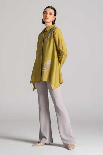 Shop Namrata Joshipura Yellow Chanderi Collared Neck Moon Petal Embroidered Tunic Online at Aza Fashions Shop_Namrata Joshipura_Yellow Chanderi Collared Neck Moon Petal Embroidered Tunic _Online_at_Aza_Fashions