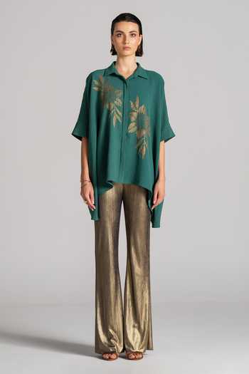 Namrata Joshipura Green Crepe Collared Neck, Yes Galaxy Flower Asymmetric Tunic Online at Aza Fashions Namrata Joshipura_Green Crepe Collared Neck, Yes Galaxy Flower Asymmetric Tunic _Online_at_Aza_Fashions