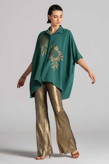 Buy Namrata Joshipura Green Crepe Collared Neck, Yes Galaxy Flower Asymmetric Tunic Online at Aza Fashions Buy_Namrata Joshipura_Green Crepe Collared Neck, Yes Galaxy Flower Asymmetric Tunic _Online_at_Aza_Fashions