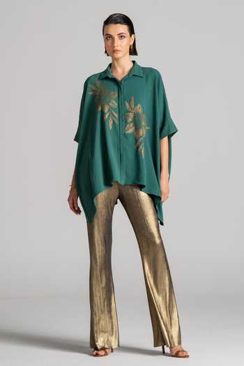 Shop Namrata Joshipura Green Crepe Collared Neck, Yes Galaxy Flower Asymmetric Tunic Online at Aza Fashions Shop_Namrata Joshipura_Green Crepe Collared Neck, Yes Galaxy Flower Asymmetric Tunic _Online_at_Aza_Fashions