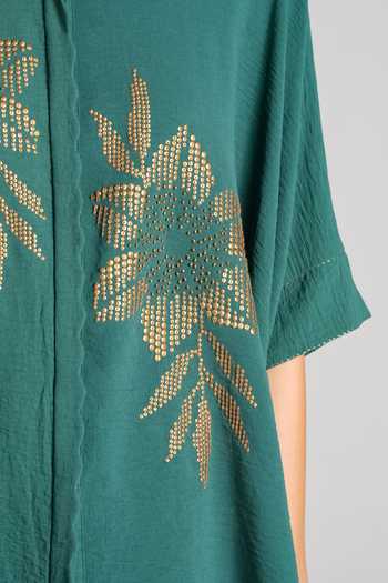 Namrata Joshipura Green Crepe Collared Neck, Yes Galaxy Flower Asymmetric Tunic at Aza Fashions Namrata Joshipura_Green Crepe Collared Neck, Yes Galaxy Flower Asymmetric Tunic _at_Aza_Fashions