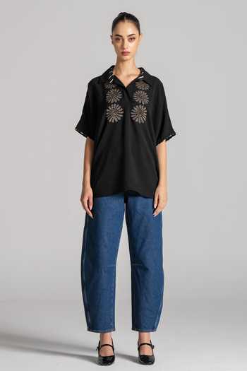 Namrata Joshipura_Black Crepe Collared Neck Daisy Textured Top _Online_at_Aza_Fashions