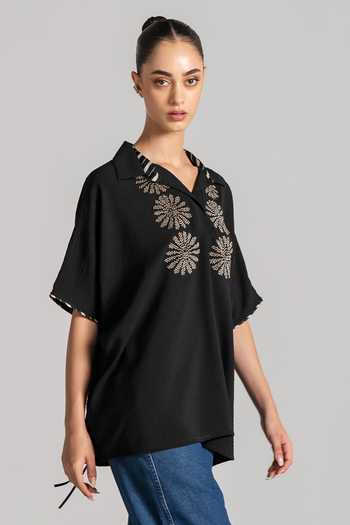 Buy_Namrata Joshipura_Black Crepe Collared Neck Daisy Textured Top _Online_at_Aza_Fashions
