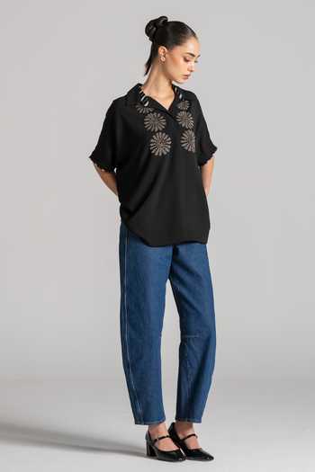 Shop_Namrata Joshipura_Black Crepe Collared Neck Daisy Textured Top _Online_at_Aza_Fashions