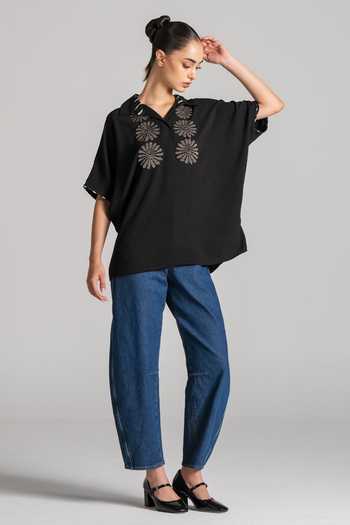 Namrata Joshipura_Black Crepe Collared Neck Daisy Textured Top _at_Aza_Fashions