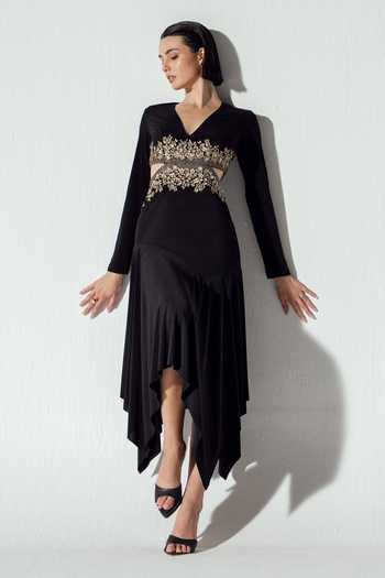 Namrata Joshipura Black Jersey V-neck Metallic Floral Embroidered Dress Online at Aza Fashions Namrata Joshipura_Black Jersey V-neck Metallic Floral Embroidered Dress _Online_at_Aza_Fashions