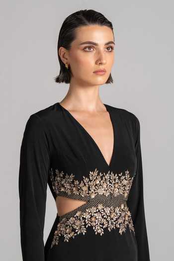 Buy Namrata Joshipura Black Jersey V-neck Metallic Floral Embroidered Dress Online at Aza Fashions Buy_Namrata Joshipura_Black Jersey V-neck Metallic Floral Embroidered Dress _Online_at_Aza_Fashions