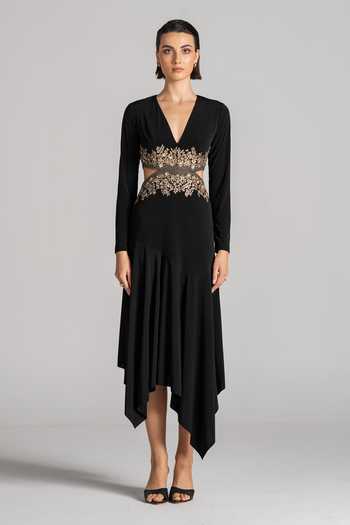Shop Namrata Joshipura Black Jersey V-neck Metallic Floral Embroidered Dress Online at Aza Fashions Shop_Namrata Joshipura_Black Jersey V-neck Metallic Floral Embroidered Dress _Online_at_Aza_Fashions