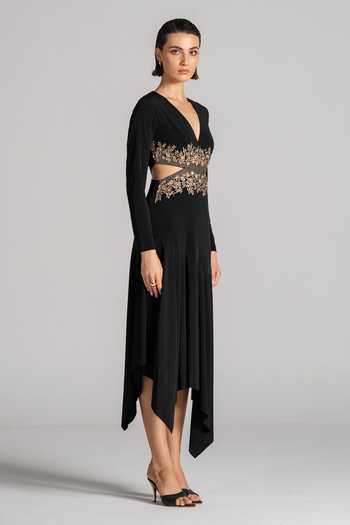 Namrata Joshipura Black Jersey V-neck Metallic Floral Embroidered Dress at Aza Fashions Namrata Joshipura_Black Jersey V-neck Metallic Floral Embroidered Dress _at_Aza_Fashions