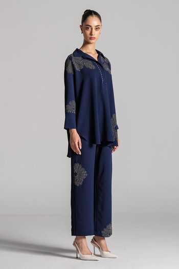 Namrata Joshipura_Blue Crepe Collared Neck Embellished Top And Pant Set _Online_at_Aza_Fashions