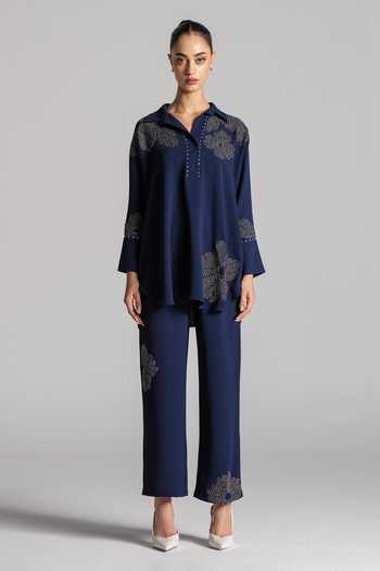 Buy_Namrata Joshipura_Blue Crepe Collared Neck Embellished Top And Pant Set _Online_at_Aza_Fashions