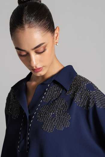 Shop_Namrata Joshipura_Blue Crepe Collared Neck Embellished Top And Pant Set _Online_at_Aza_Fashions