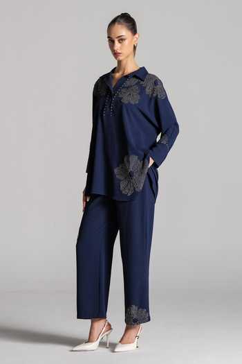Namrata Joshipura_Blue Crepe Collared Neck Embellished Top And Pant Set _at_Aza_Fashions