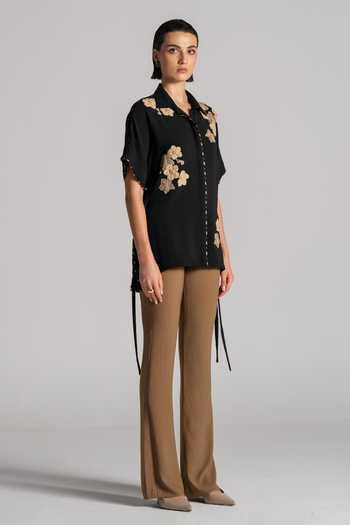 Namrata Joshipura_Black Crepe Collared Neck Textured Top _Online_at_Aza_Fashions