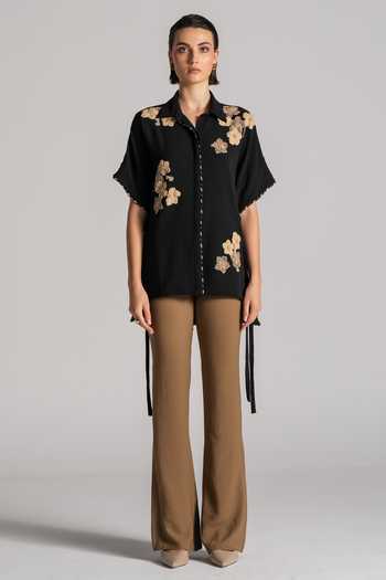 Shop_Namrata Joshipura_Black Crepe Collared Neck Textured Top _Online_at_Aza_Fashions