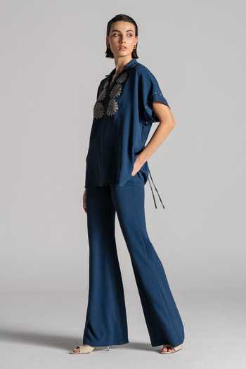 Namrata Joshipura Blue Crepe Collared Neck Textured Embroidered Top And Pant Set Online at Aza Fashions Namrata Joshipura_Blue Crepe Collared Neck Textured Embroidered Top And Pant Set _Online_at_Aza_Fashions