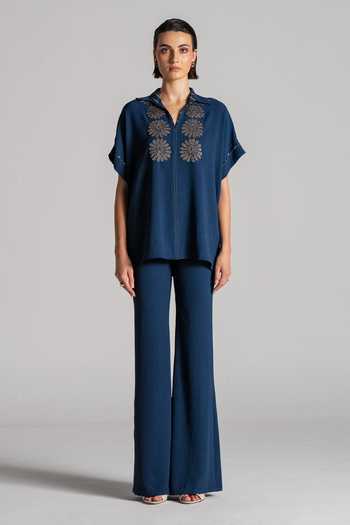 Buy Namrata Joshipura Blue Crepe Collared Neck Textured Embroidered Top And Pant Set Online at Aza Fashions Buy_Namrata Joshipura_Blue Crepe Collared Neck Textured Embroidered Top And Pant Set _Online_at_Aza_Fashions