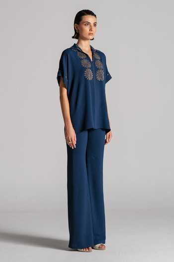 Shop Namrata Joshipura Blue Crepe Collared Neck Textured Embroidered Top And Pant Set Online at Aza Fashions Shop_Namrata Joshipura_Blue Crepe Collared Neck Textured Embroidered Top And Pant Set _Online_at_Aza_Fashions