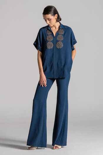 Namrata Joshipura Blue Crepe Collared Neck Textured Embroidered Top And Pant Set at Aza Fashions Namrata Joshipura_Blue Crepe Collared Neck Textured Embroidered Top And Pant Set _at_Aza_Fashions
